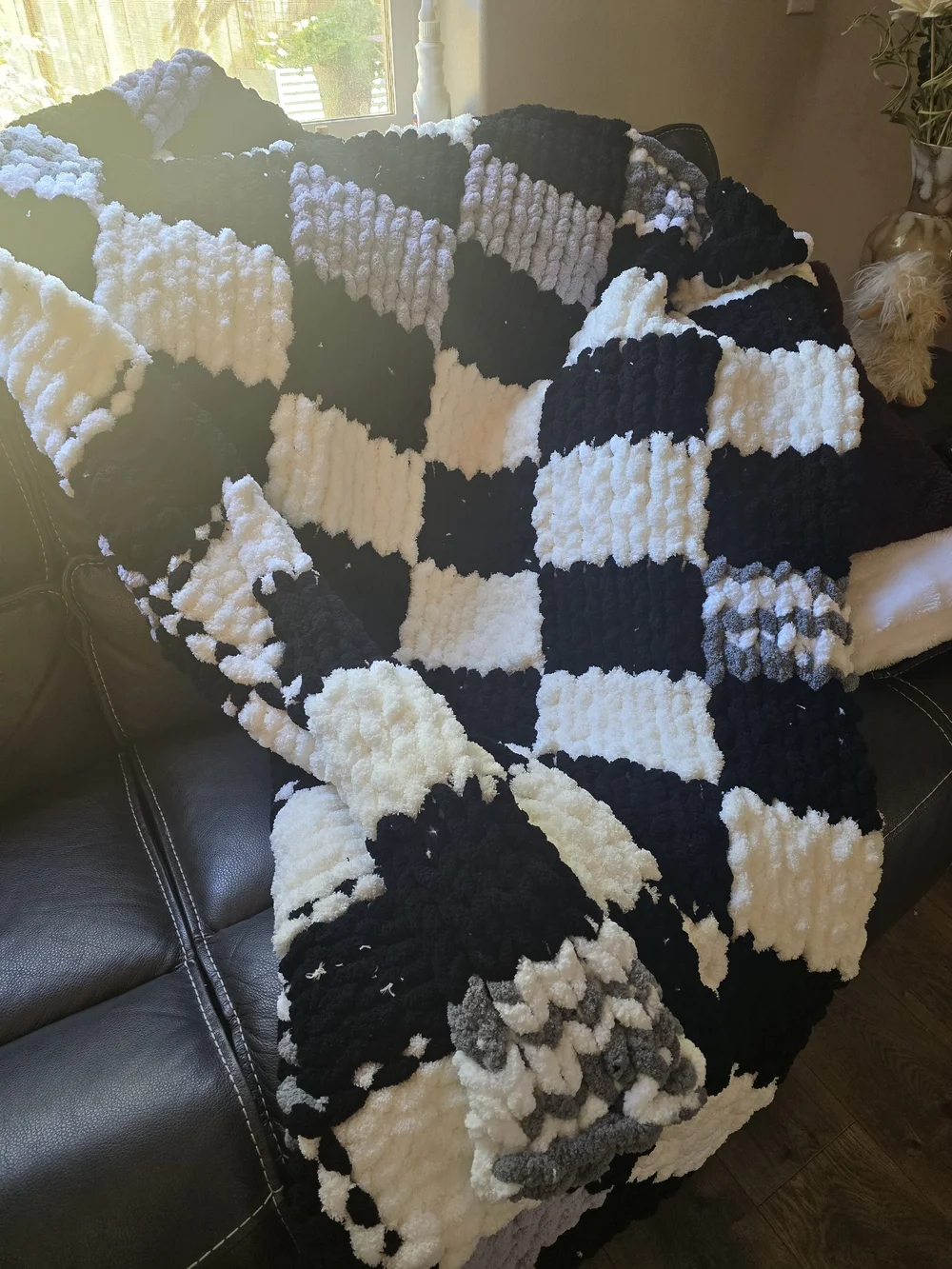 Hand Made Chunky Checkerboard Crochet Blanket - Black & White